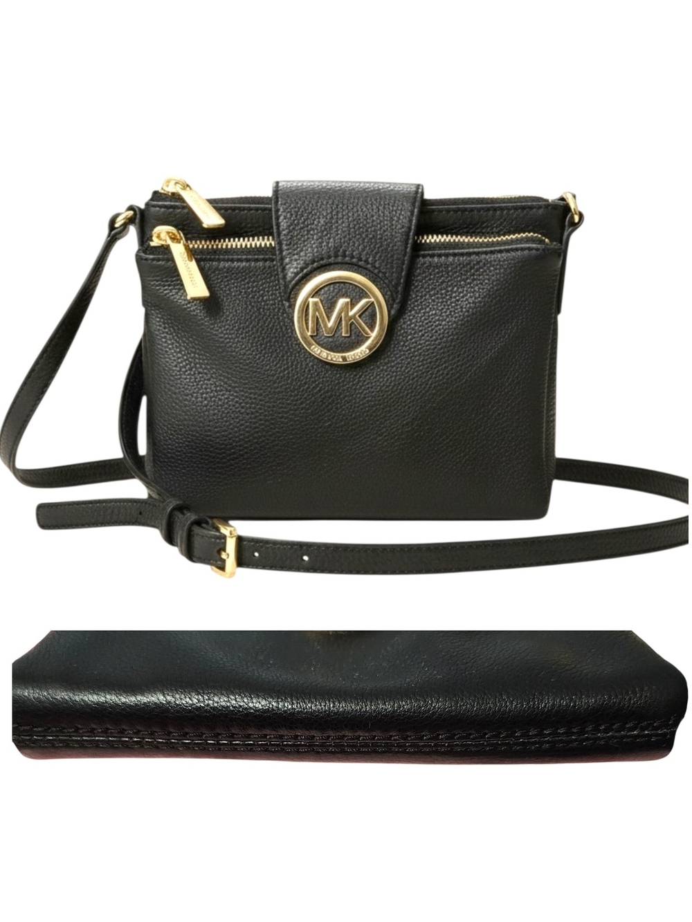 Michael Kors Fulton Double Zip Black Pebbled Leather Crossbody Bag Gold Hardware - Picture 10 of 12